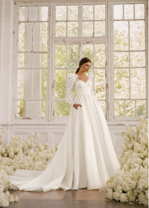 Beaded Ivory Lace Satin Wedding Dress With Pockets